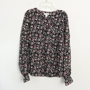 maison jules // black pink floral chiffon button blouse long sleeve M